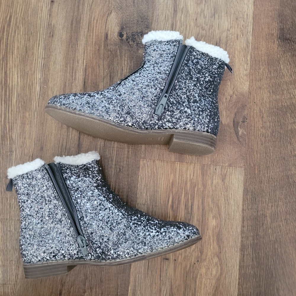 Gap Kids Girls Pewter Grey Glitter Ankle Boots Faux Shearling Fur Trim Size 3 - Picture 3 of 10